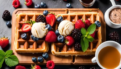 Delicious Waffles with Fresh Berries and Ice Cream
