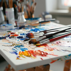 Fototapeta premium Captivating closeups of artist palettes and brushes on abstract canvases studio art photography vibrant colors creative space artistic inspiration