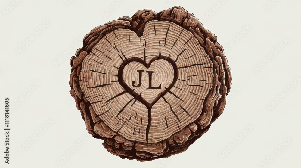 Poster heart carved in tree trunk showing jl initials symbolizing love and commitment