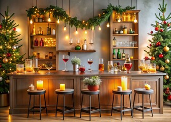 Obraz premium Modern Home Bar Decorated with Holiday Cocktails Featuring Colorful Drinks, Elegant Glassware, and Festive Decor for a Cozy Seasonal Gathering in a Stylish Setting