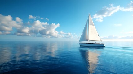 Tranquil maritime scene capturing sailboat on mirror-like ocean surface under crystal clear blue sky, showcasing peaceful seascape with white sail yacht.