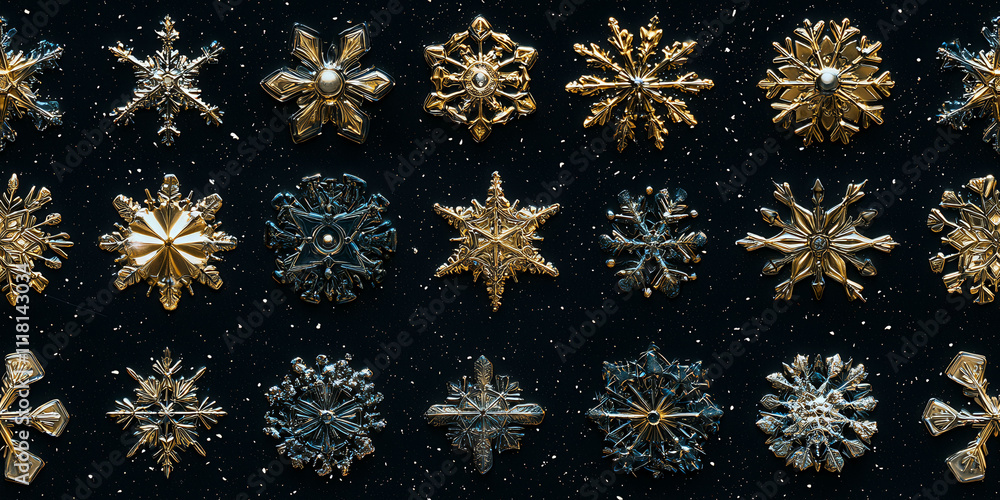 Poster a collection of gold snowflakes arranged in a grid. the snowflakes are all different sizes and shape
