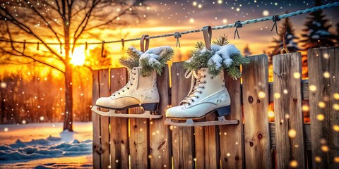 Fototapeta premium Pair of Ice Skates Hanging on a Wooden Fence Covered in Snow at Sunset, Capturing the Essence of Winter Sports and Seasonal Holidays in a Serene Outdoor Scene