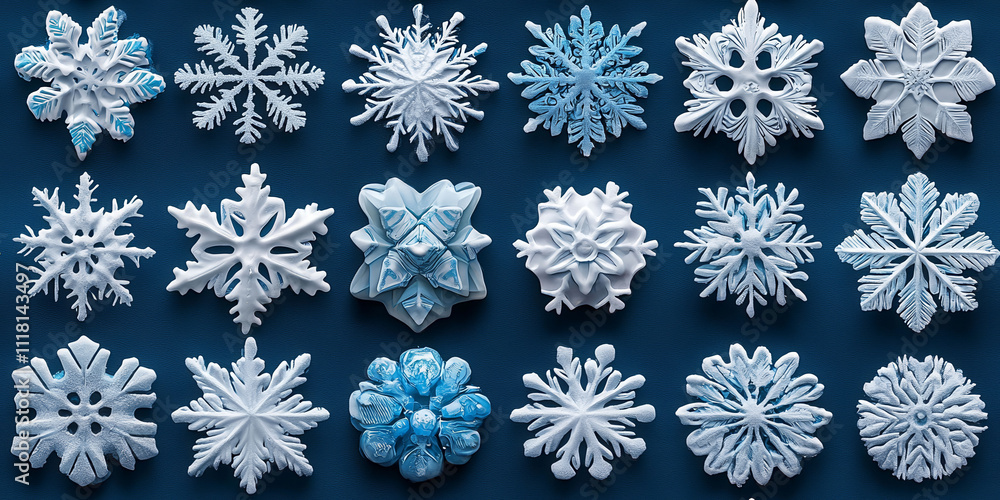 Poster a blue background with a row of snowflakes in various sizes and shapes. the snowflakes are all white