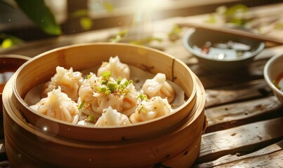 Delicious steamed dumplings are artfully presented in a bamboo steamer on a rustic wooden table, enticing with their garnished toppings and an inviting view into Asian cuisine