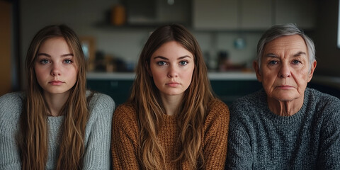 Fototapeta premium Three women with different hair styles and ages. The girl is wearing a floral dress and has a ponytail. The middle woman has a floral dress and a ponytail as well