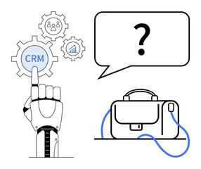 Robotic hand pressing CRM button on gear, icons representing collaboration and analytics, briefcase with speech bubble containing question mark. Ideal for business strategy, CRM systems, technology