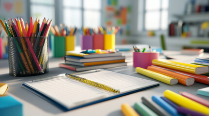 Fototapeta premium colorful assortment of school supplies on desk in bright classroom setting.