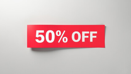 Bold Red 50 Percent Off Banner with Highlighted White Text Against Neutral Background Sale Promotion Theme