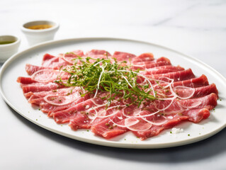 Fototapeta premium Culinary artistry kobe beef carpaccio presentation gourmet restaurant food photography elegant setting close-up soft textures on white marble