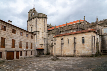 View of Cathedral of Pontevedra - Basilica of Saint Mary Major. Is a catholic church, dating from the 16th century. View of Alonso de Fonseca Square. Famous travel destination in Spain.