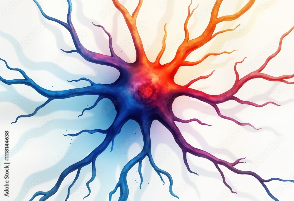 Poster colorful illustration of neuron. complex structure. vivid colors. shows nerve cell network. detailed