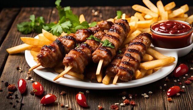 Grilled Skewers with French Fries and Ketchup