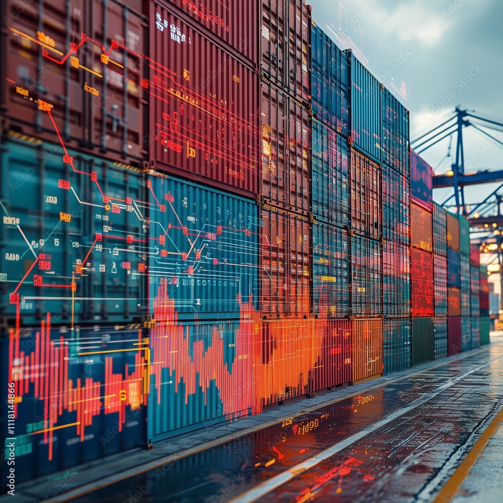 Poster colorful shipping containers with graph overlay in port