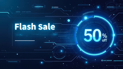 Flash Sale Advertisement Display with Futuristic Graphics Highli