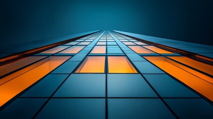 Skyscraper at night with glowing city lights reflecting on glass facade