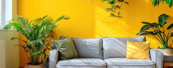 A modern white sofa is set against a bright yellow wall, with stylish decor including indoor plants...