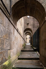 Beautiful streets of Pontevedra in a rainy day. Empy streets, no people. Famous travel destination in Galicia, Spain. Beautiful galician architecture, tipically for nortwh-west of Spain. 
