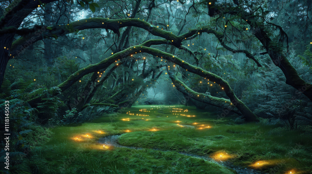 Poster enchanting journey through a magical forest path illuminated by fireflies ancient trees and soft mos