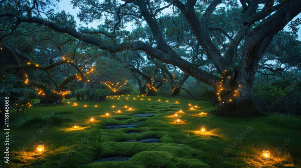 Poster enchanted walks through magical forests fireflies illuminate ancient paths underneath arching trees 