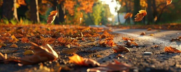 Golden and red autumn leaves scattered across a serene road with sunlight filtering through trees, capturing the essence of the fall season and its natural beauty
