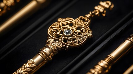 Naklejka premium Luxury product photography of vintage&nbsp;golden key with ornate design against pure black background, featuring dramatic side lighting and intricate antique details.