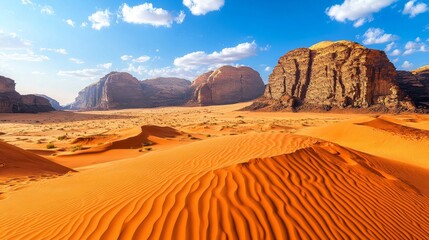 Naklejka premium A stunning desert landscape showcasing sand dunes and rocky formations under a blue sky.