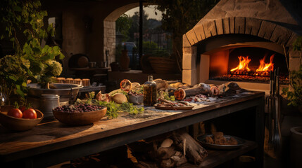 Grilling succulent beef rustic outdoor kitchen mediterranean woodfired oven stone oven flames cozy dining atmosphere for culinary delights