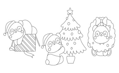 Draw outline cute panda bear to Christmas and winter in vector design. Outline vector 