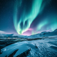 Naklejka premium Aurora borealis dancing over a snow-covered landscape