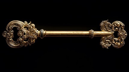 Luxury product photography of vintage golden key with ornate design against pure black background, featuring dramatic side lighting and intricate antique details.