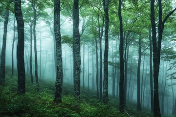 Serene forest with mist and lush green foliage.