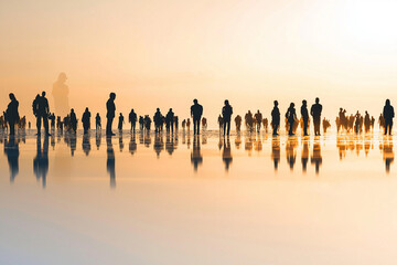 People walking along a reflective beach at sunset