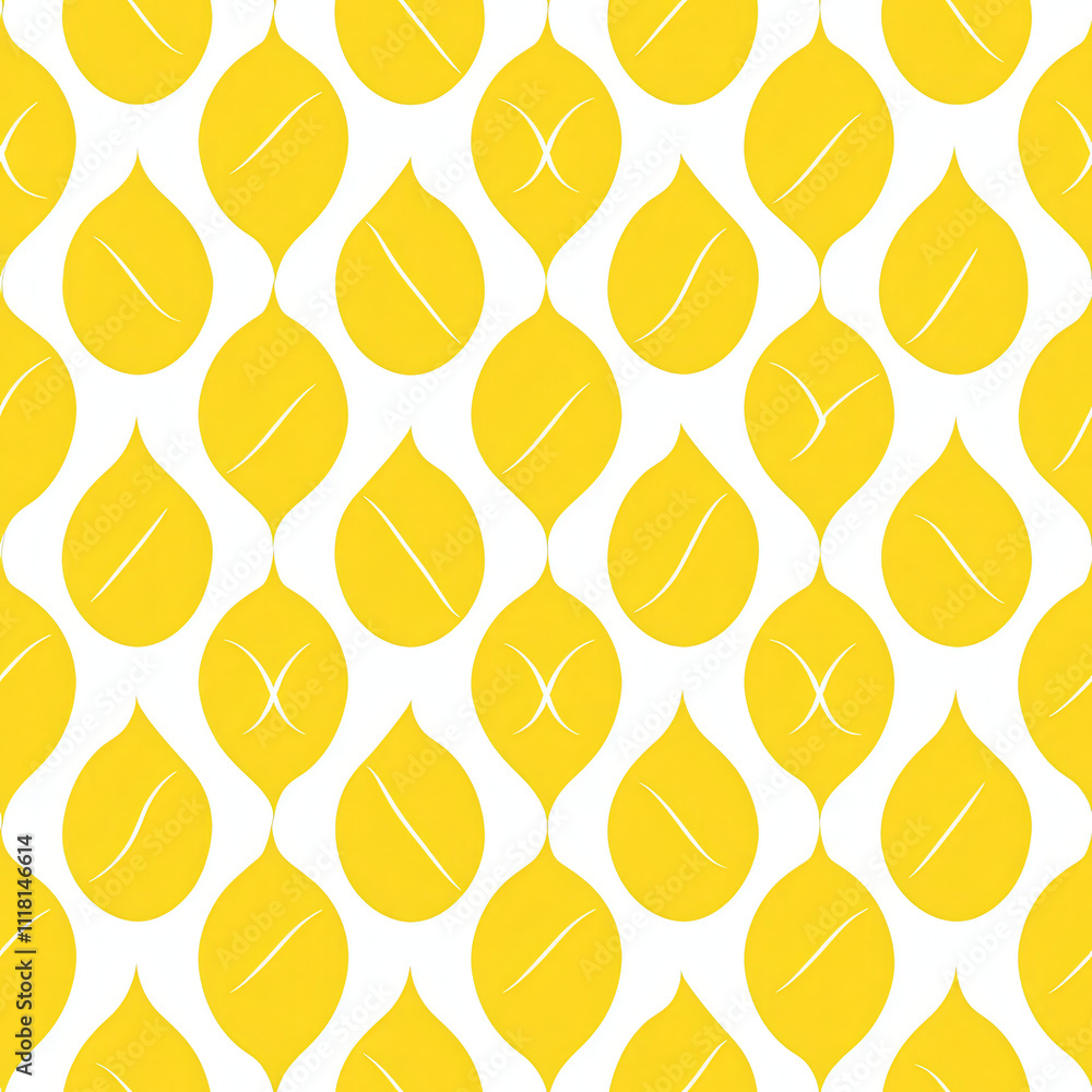 Poster a vibrant yellow and white pattern of leaves is displayed on a white background. the leaves are arra
