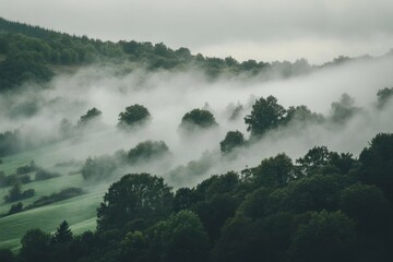 Fototapeta premium Misty forest landscape with trees and rolling hills in soft light.
