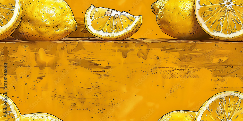 Poster a drawing of a table with a yellow background and a bunch of lemons on it. the lemons are cut in hal
