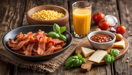 Delicious Breakfast with Crispy Bacon, Orange Juice, and Tomatoes