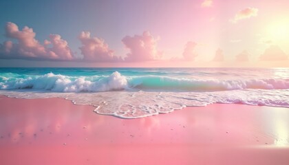 Fototapeta na wymiar Pink beach paradise scene with turquoise waves. Calm ocean waves wash up on pink sand shore. Beautiful sky with soft clouds and sunlight. Ideal for summer vacation. Dreamy tropical island escape.