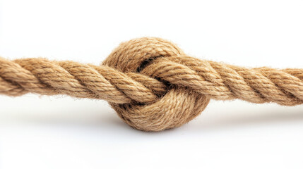 Obraz premium Close-up of a sturdy rope tied in a tight knot on a white background, showcasing texture and strength.