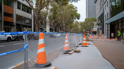 Orange traffic cones and blue tape fence restrict access to a city sidewalk during ongoing construction or repair work
