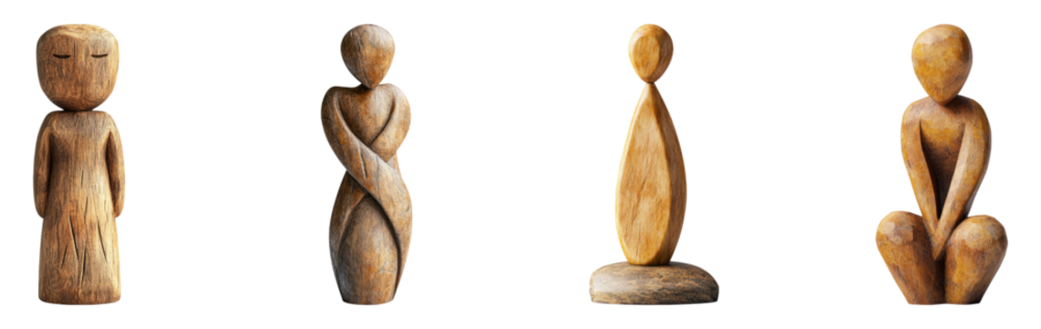 Wooden Figurines Isolated on Transparent Background