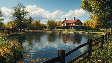 Obraz premium A picturesque rural home with a pond in front, surrounded by a wooden fence and trees with autumn foliage.