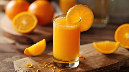 A refreshing glass of orange juice garnished with a slice of orange.
