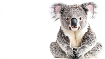Adorable koala sitting against a white background, showcasing its fluffy ears and round nose with a calm expression.
