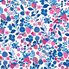 A colorful floral pattern with blue and red strawberries and blue leaves. The image has a playful and whimsical mood