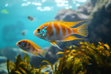 Naklejka premium Bright orange fish swimming among aquatic plants in clear water