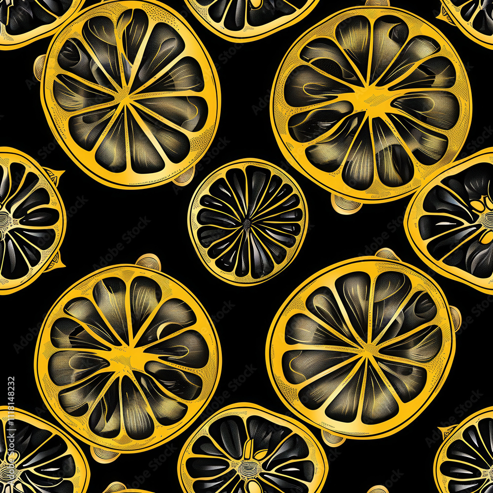 Poster a black and white image of oranges with a gold background. the oranges are arranged in a pattern, wi