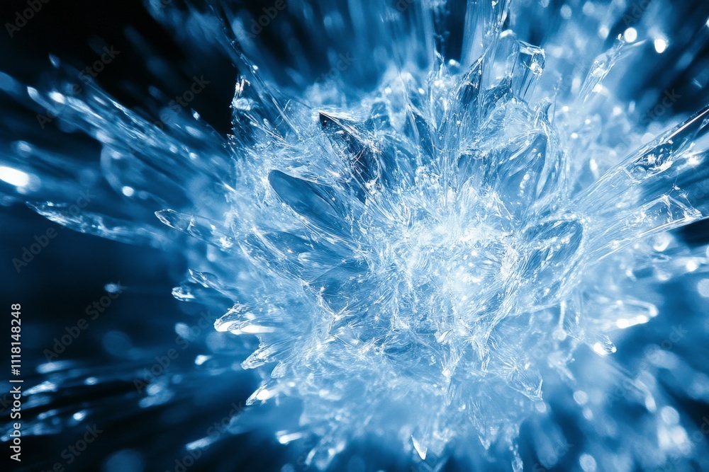 Poster an abstract depiction of a dynamic explosion of ice shards set against a contrasting dark background