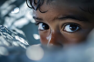 This poignant image captures a child's expressive eyes framed by shimmering water, showcasing the innocence and curiosity present in youthful exploration and experience.