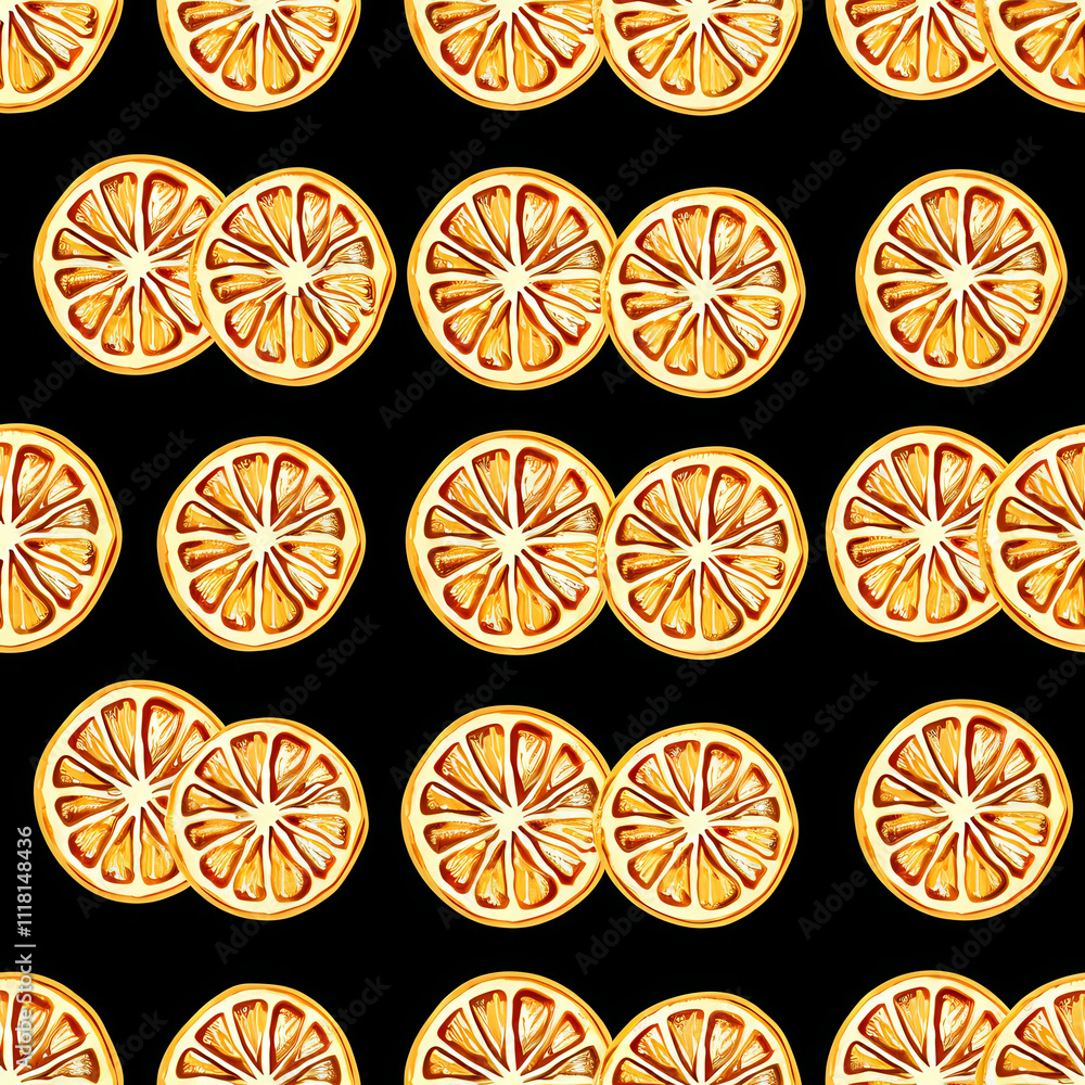 Poster a black and white image of oranges with a gold background. the oranges are arranged in a pattern, wi